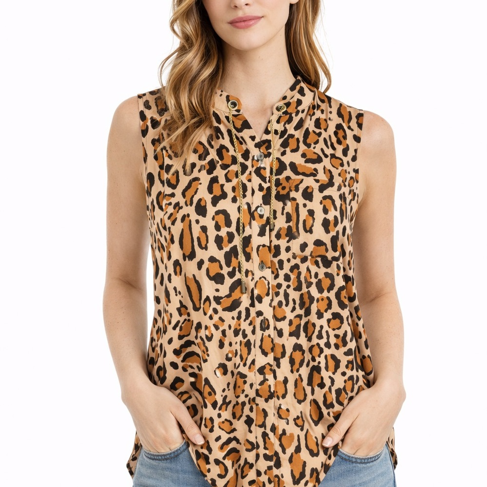 Bold Elements Leopard Print Sleeveless V-Neck Blouse | Size Small